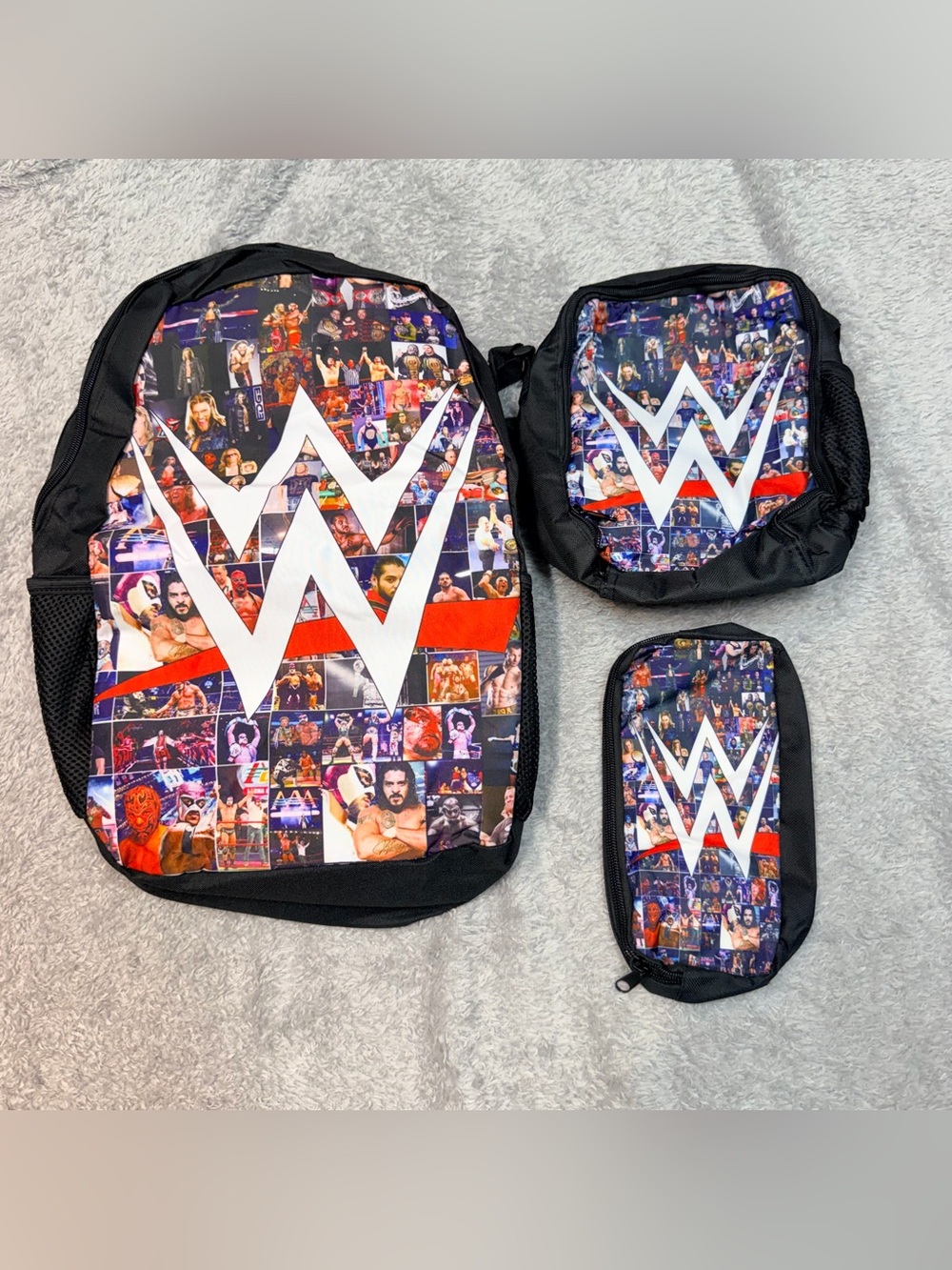 WWE Black Red Multi Collage 3-Piece Backpack Set